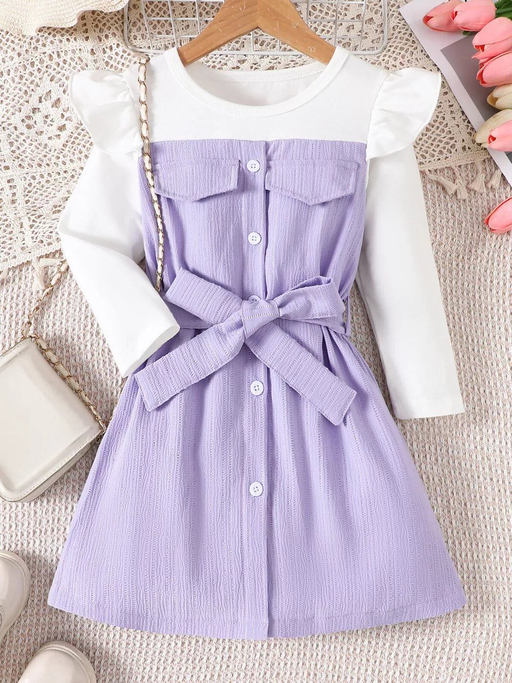 Light Purple Children's Ruffled Bow Long Sleeve Dress