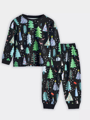 Black Christmas tree print pajama set with snowman and deer details.