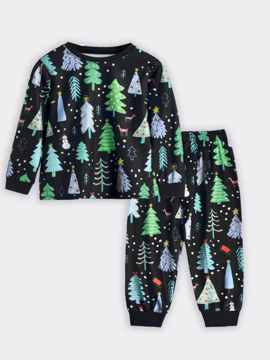 Black Christmas tree print pajama set with snowman and deer details.