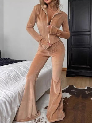 Gray fitted top, flared pants two-piece set with collared