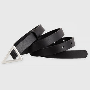 Black cowhide leather belt with triangle buckle and adjustable holes