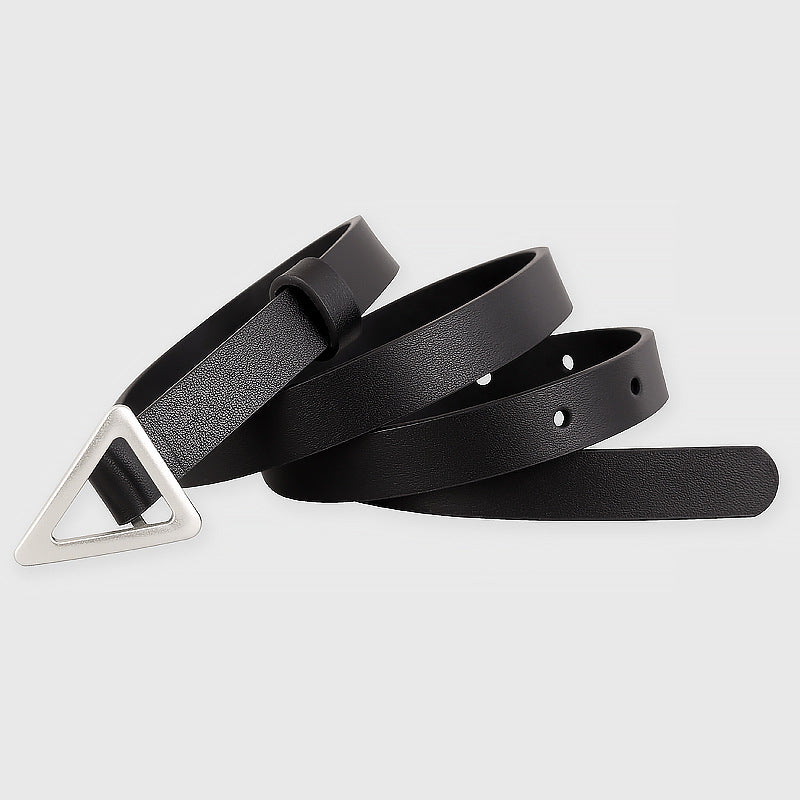 Black cowhide leather belt with triangle buckle and adjustable holes