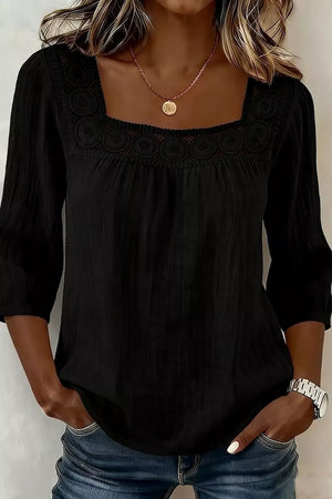 Black polyester blouse with square neck and crochet trim, 3/4 sleeves