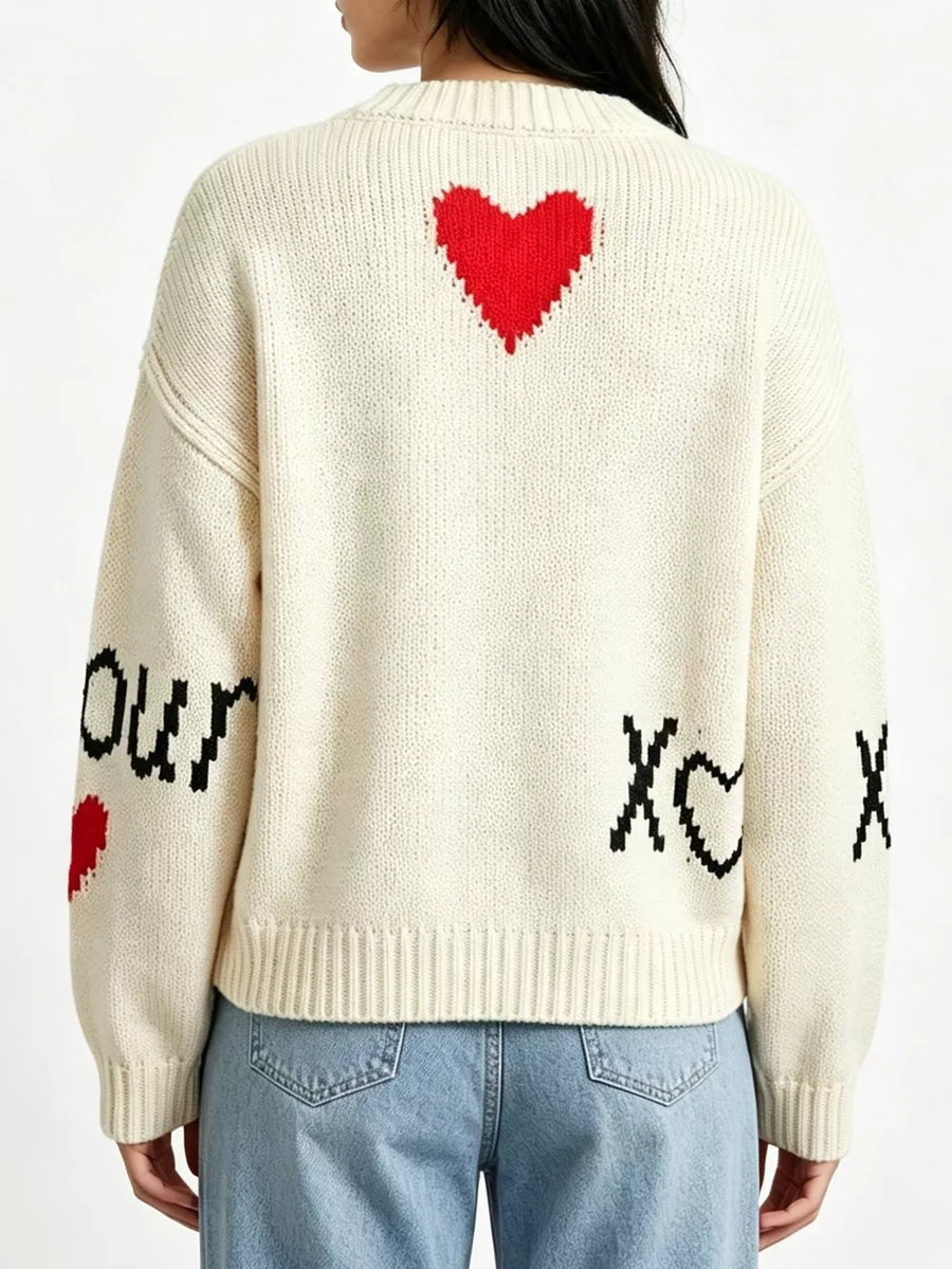 Black Heart Round Neck Ribbed Sweater