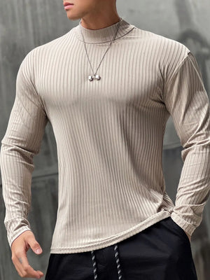 Ribbed mock neck long sleeve top in Khaki with muscle fit.