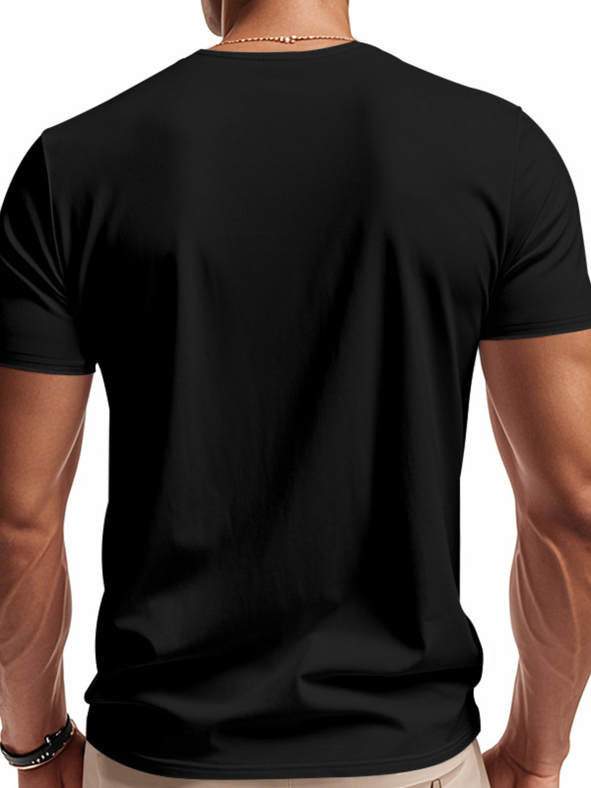 Black cotton t-shirt with short sleeves and a notched V-neck, shown from the back.
