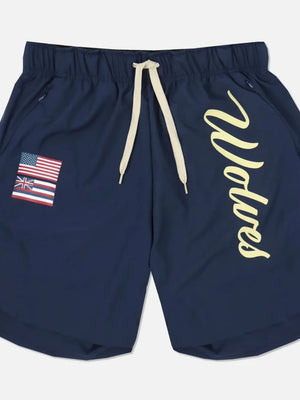 Navy active shorts with drawstring, "Wolves" script, and flag patch.
