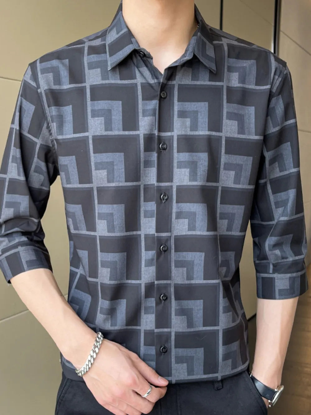Men's casual button-up shirt in dark grey with a geometric print, cotton blend, and 3/4 sleeves.