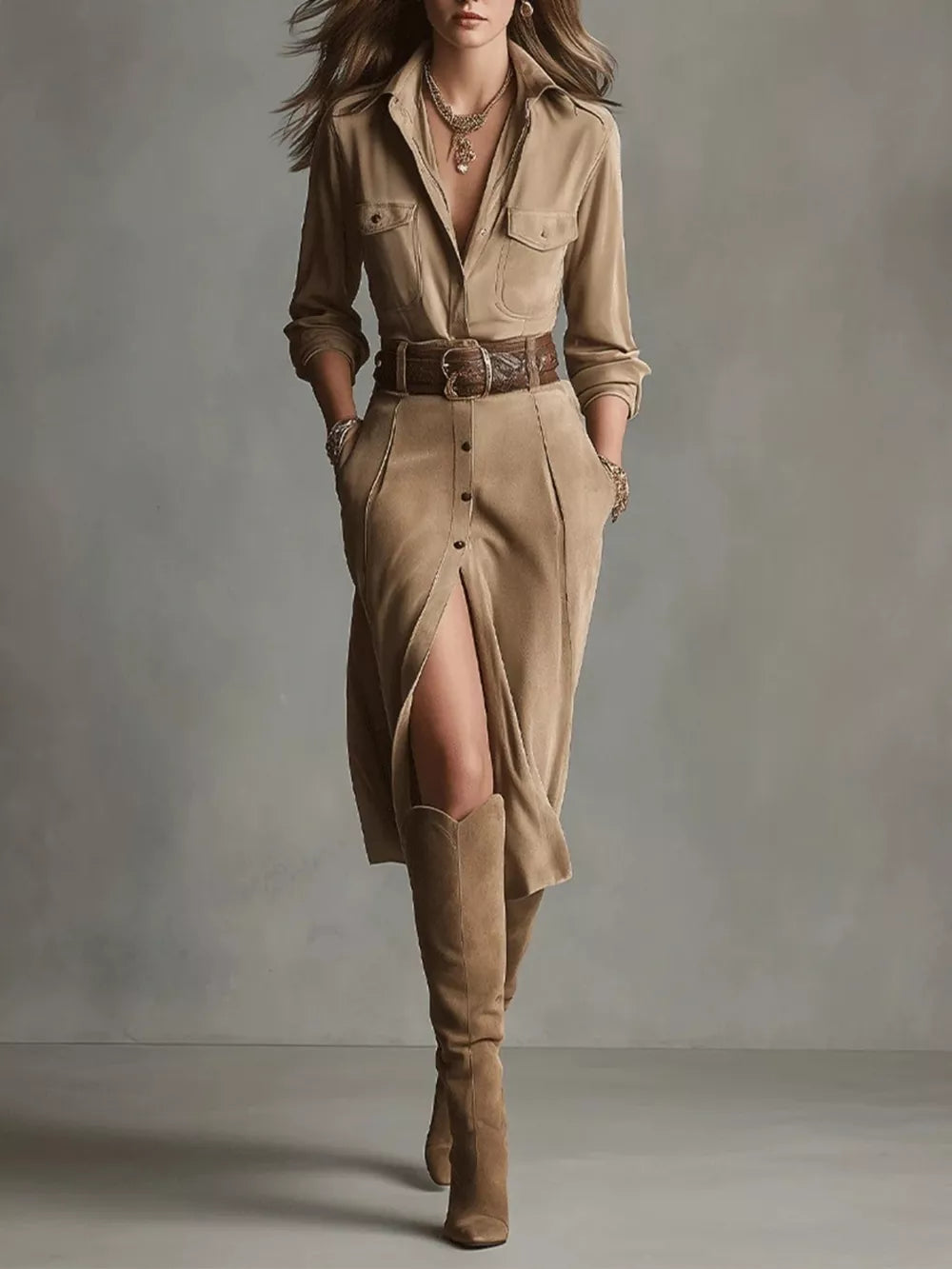 shirt dress in camel featuring buttoned and A-line fit