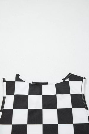 Graphic checkerboard seamless tank top with crew neck and white stitching.