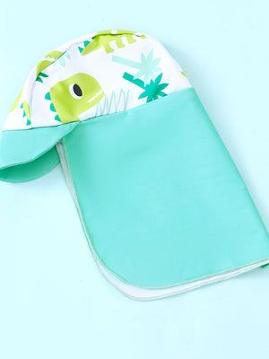 Children's cyan sun hat with dinosaur print and neck flap