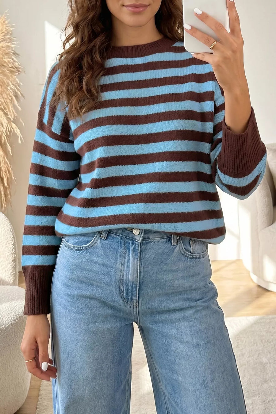 light blue pullover sweater with hip-length and pullover