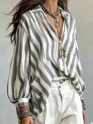 Grey button-up shirt with button-front and striped