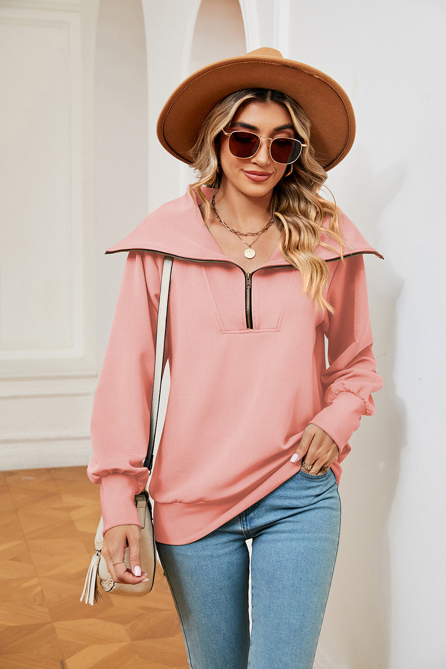 Peach wide collar zip-through sweatshirt with a relaxed fit.