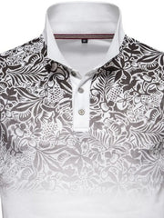 Floral ombre polo shirt with a white collar and button placket.