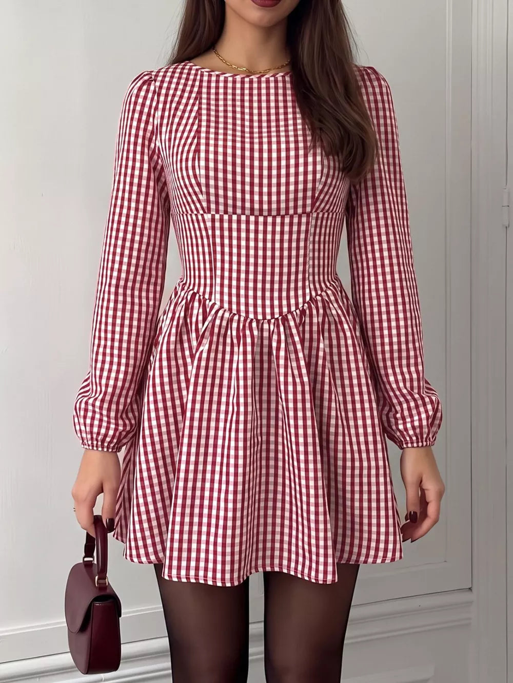 Backless Plaid Long Sleeve Mini Dress option 5