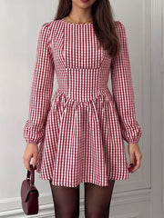 Backless Plaid Long Sleeve Mini Dress option 5