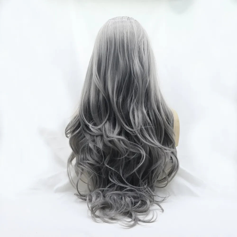 Smokey ombre grey lace front wig with long, wavy, layered hair.