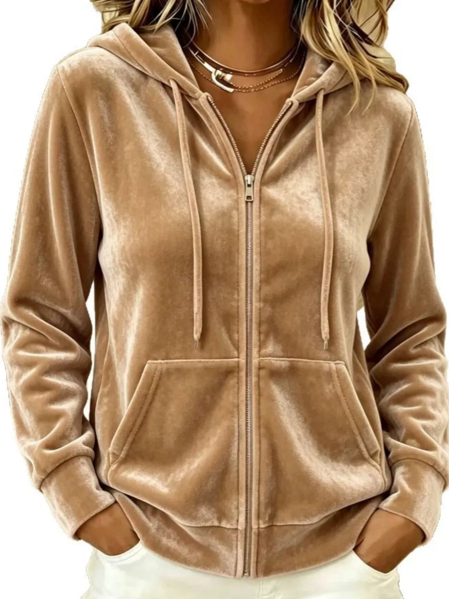 zip hoodie in Camel with hooded and long sleeve