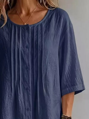 Full Size Texture Round Neck 3/4 Sleeve Blouse in White