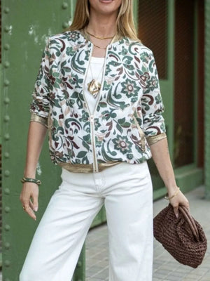 bomber jacket in olive green with floral and pocketed