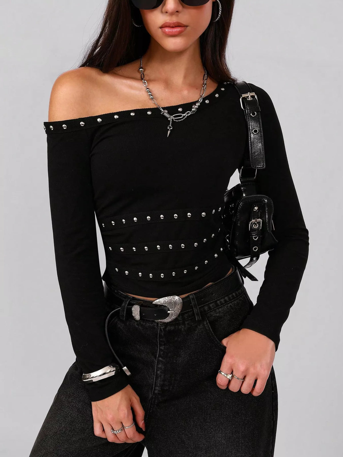 Black studded one shoulder long sleeve t-shirt with a fitted waist