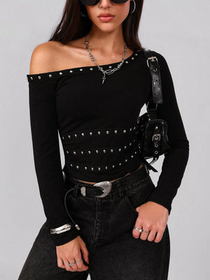 Black studded one shoulder long sleeve t-shirt with a fitted waist