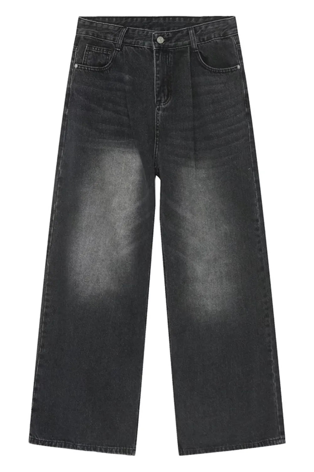 Oversized black denim palazzo jeans with subtle wash and wide leg