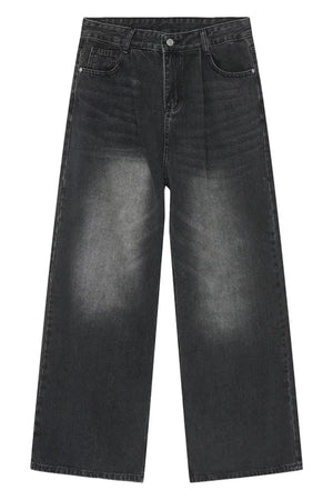 Oversized black denim palazzo jeans with subtle wash and wide leg