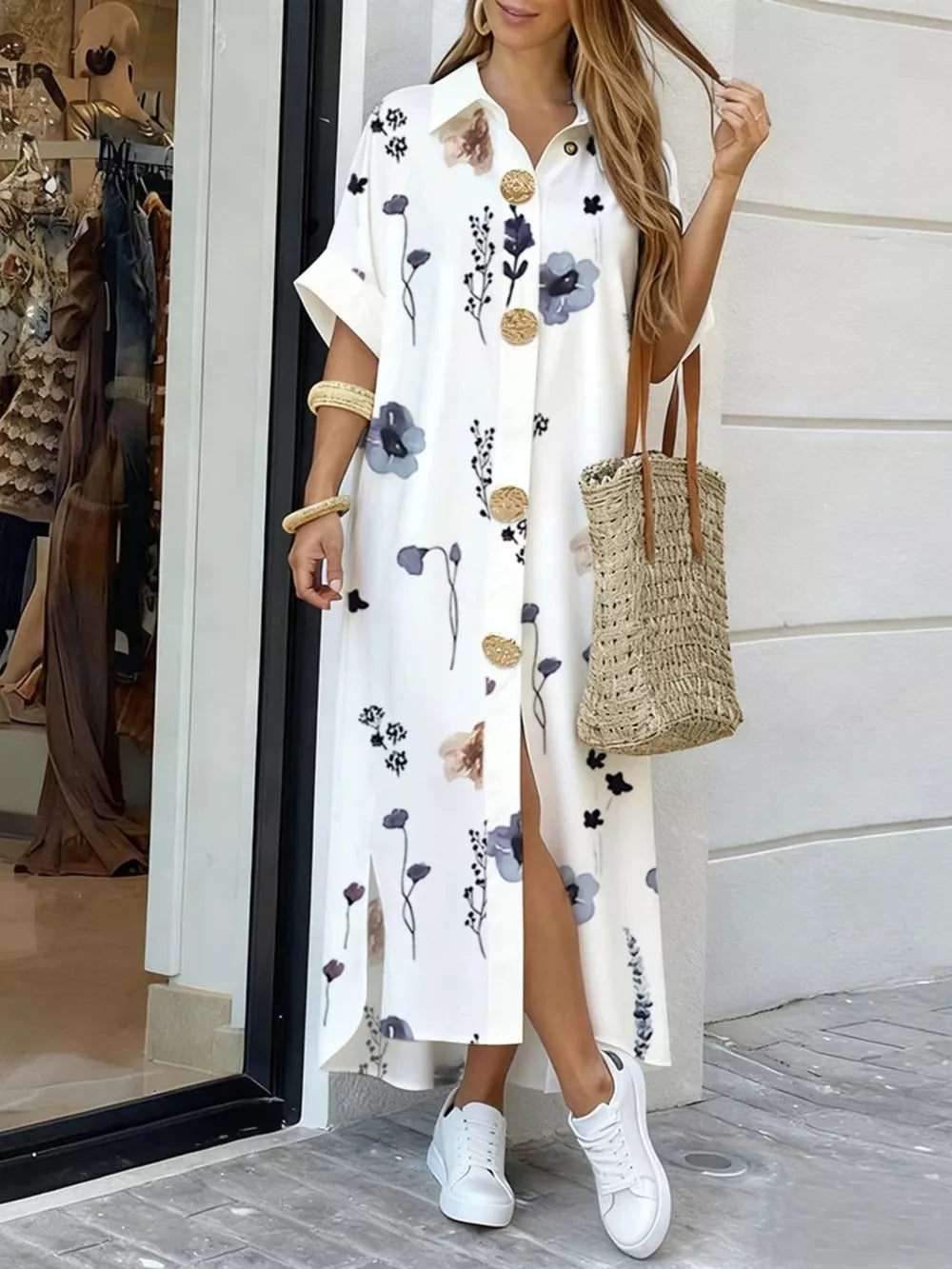 Dusty Blue Floral Print Button-down Maxi Shirt Dress