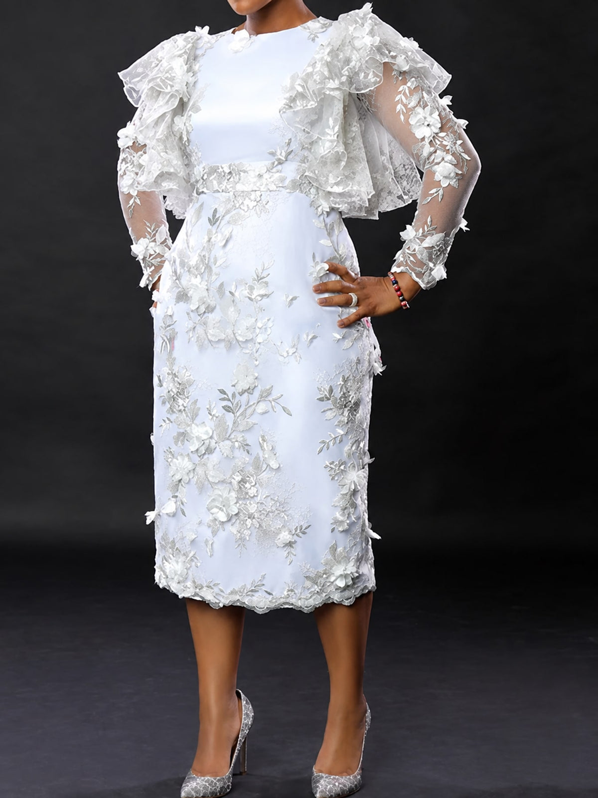 ivory midi dress with floral and round neck