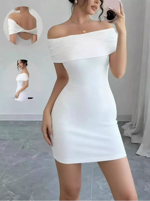 White off-the-shoulder bodycon mini dress with draped backless detail.