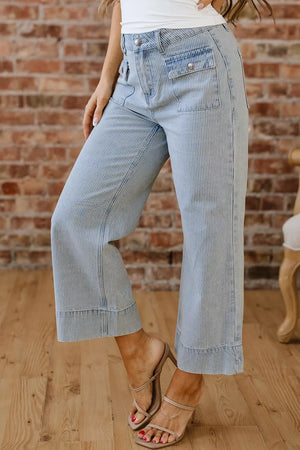 Light Blue with Striped Wide-leg Cropped Jeans