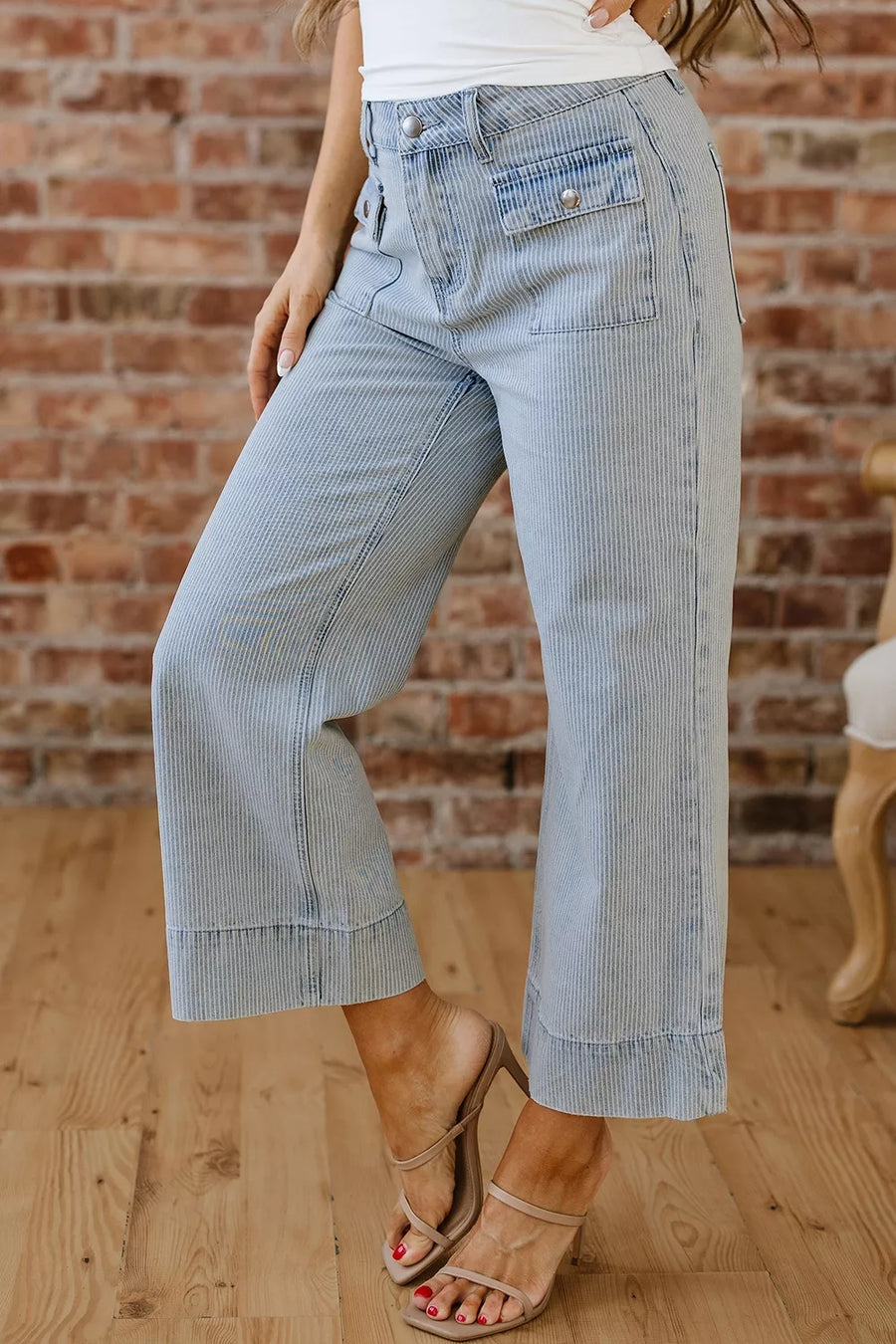 Light Blue with Striped Wide-leg Cropped Jeans
