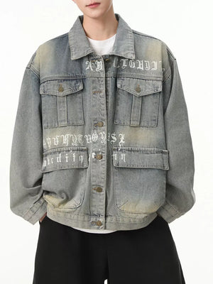 white denim jacket featuring pocketed and letter-print