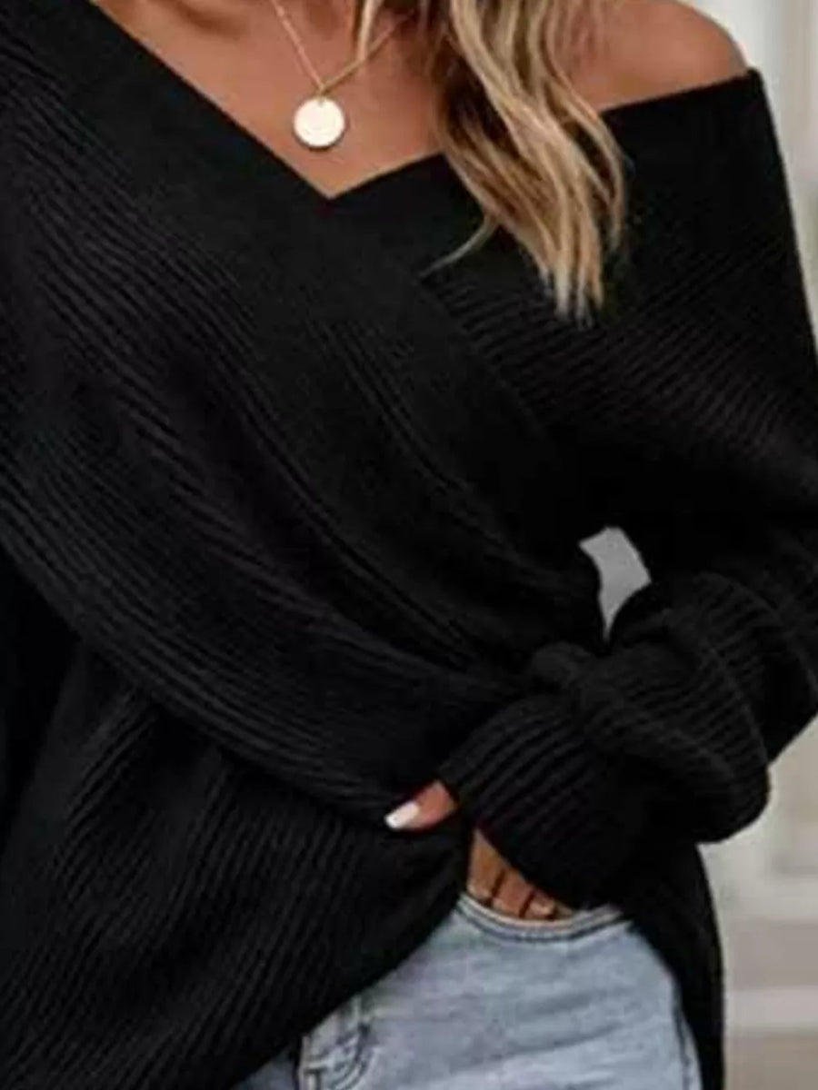 Crisscross Ribbed Knit Long Sleeve Sweater in Red
