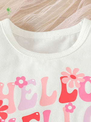 Baby white t-shirt with pink and red "Hello" graphic and floral details.