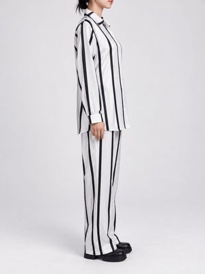 White two-piece set with button-front and striped