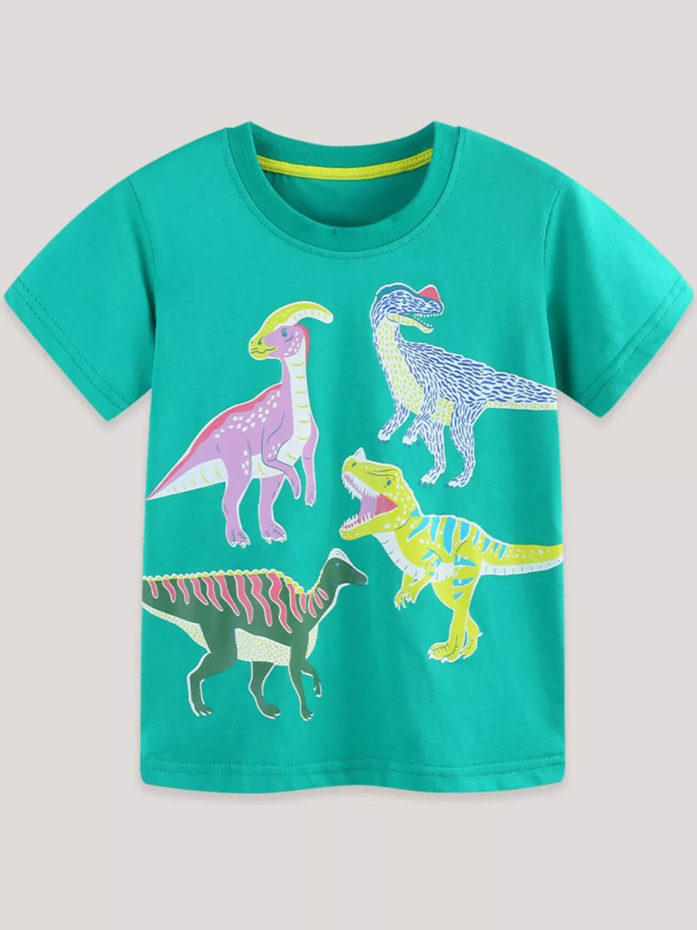 Green cotton t-shirt with short sleeves, crew neck, and a dinosaur print.