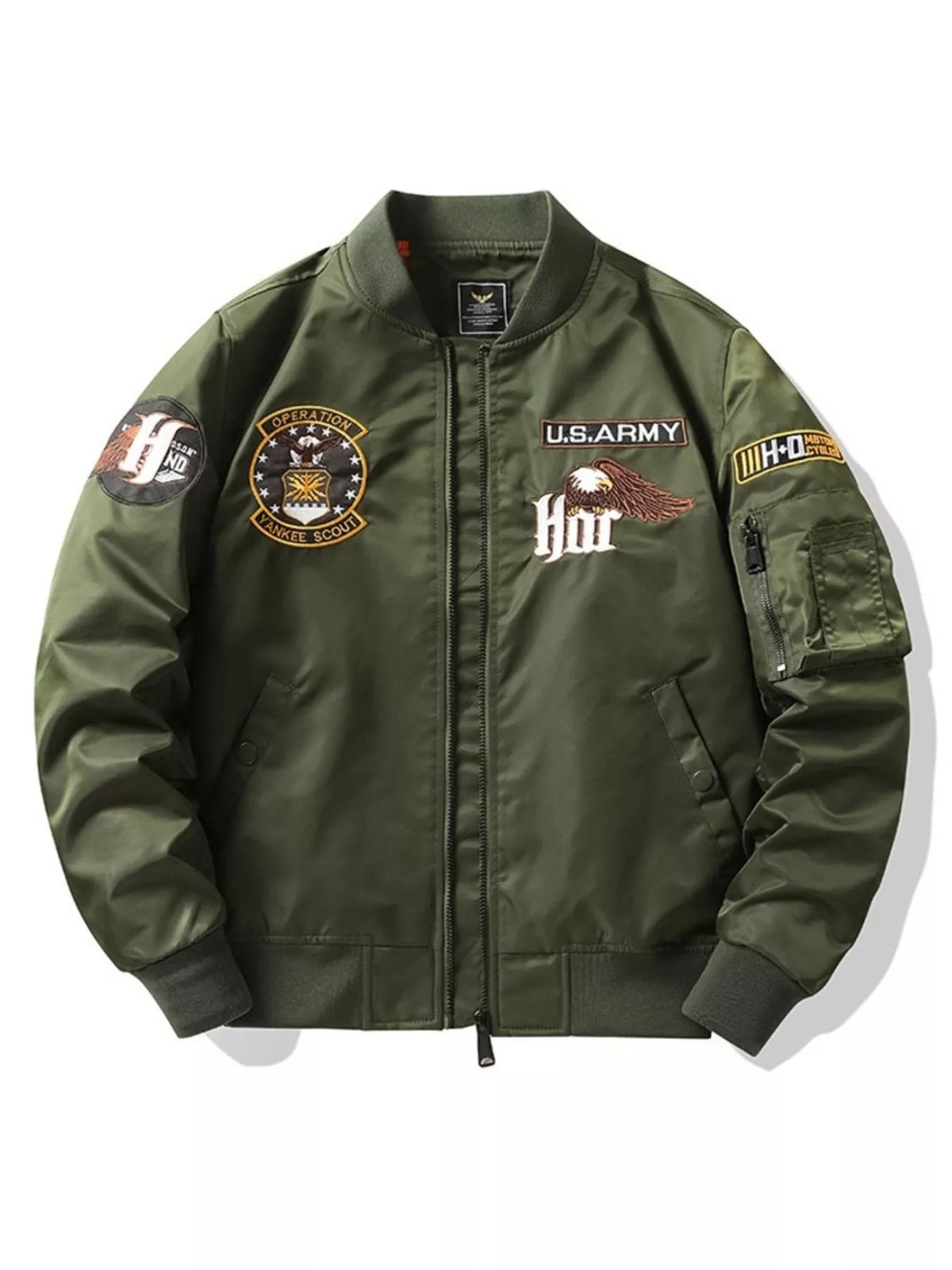 Army green embroidered zip bomber jacket with U.S. Army and eagle patches