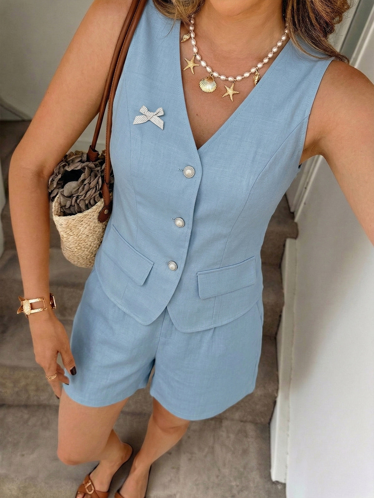 Chic Buttoned Vest And Tailored Shorts Set
