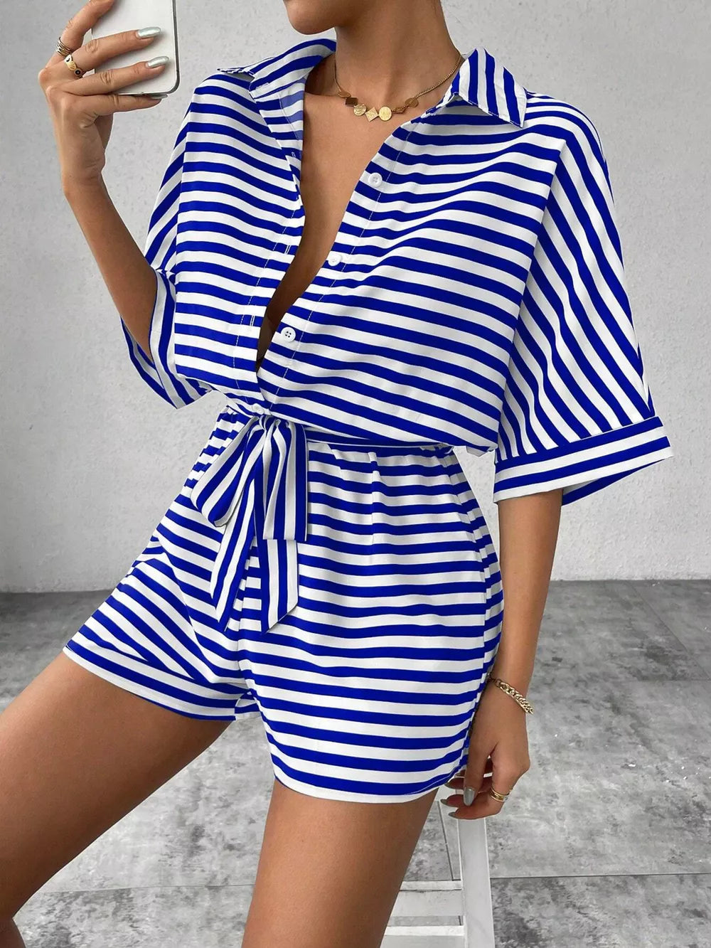 Deep Red Striped Button Front Half Sleeve Romper