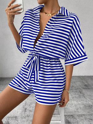 Deep Red Striped Button Front Half Sleeve Romper