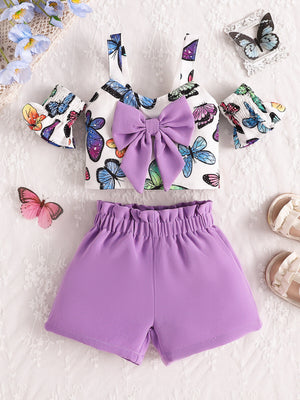 Baby butterfly print crop top with bow and purple shorts set