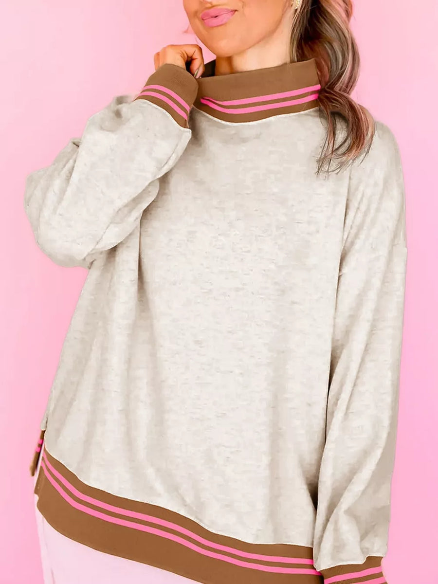 Light Gray Ribbed Stand Neck Loose Fit Sweatshirt