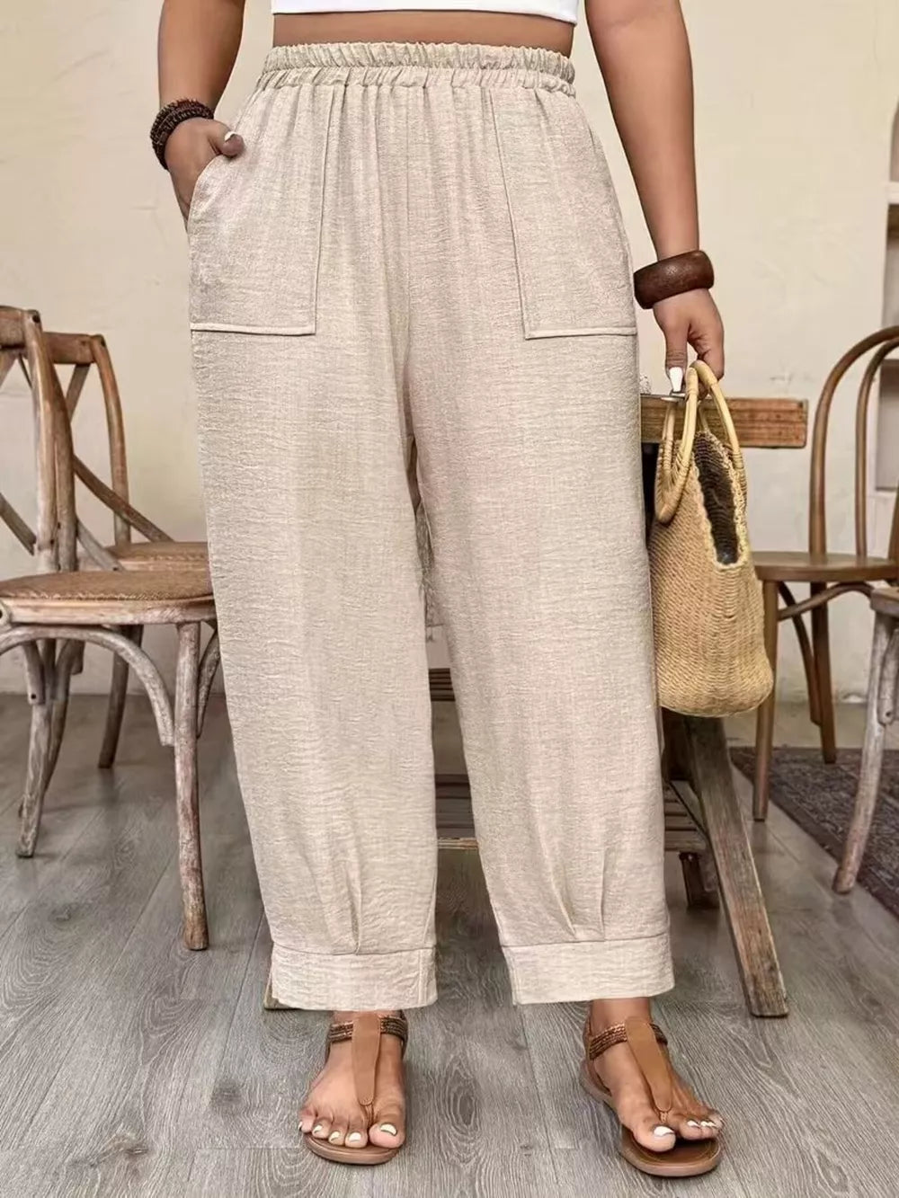 wide-leg pants in oatmeal featuring pocketed and loose fit