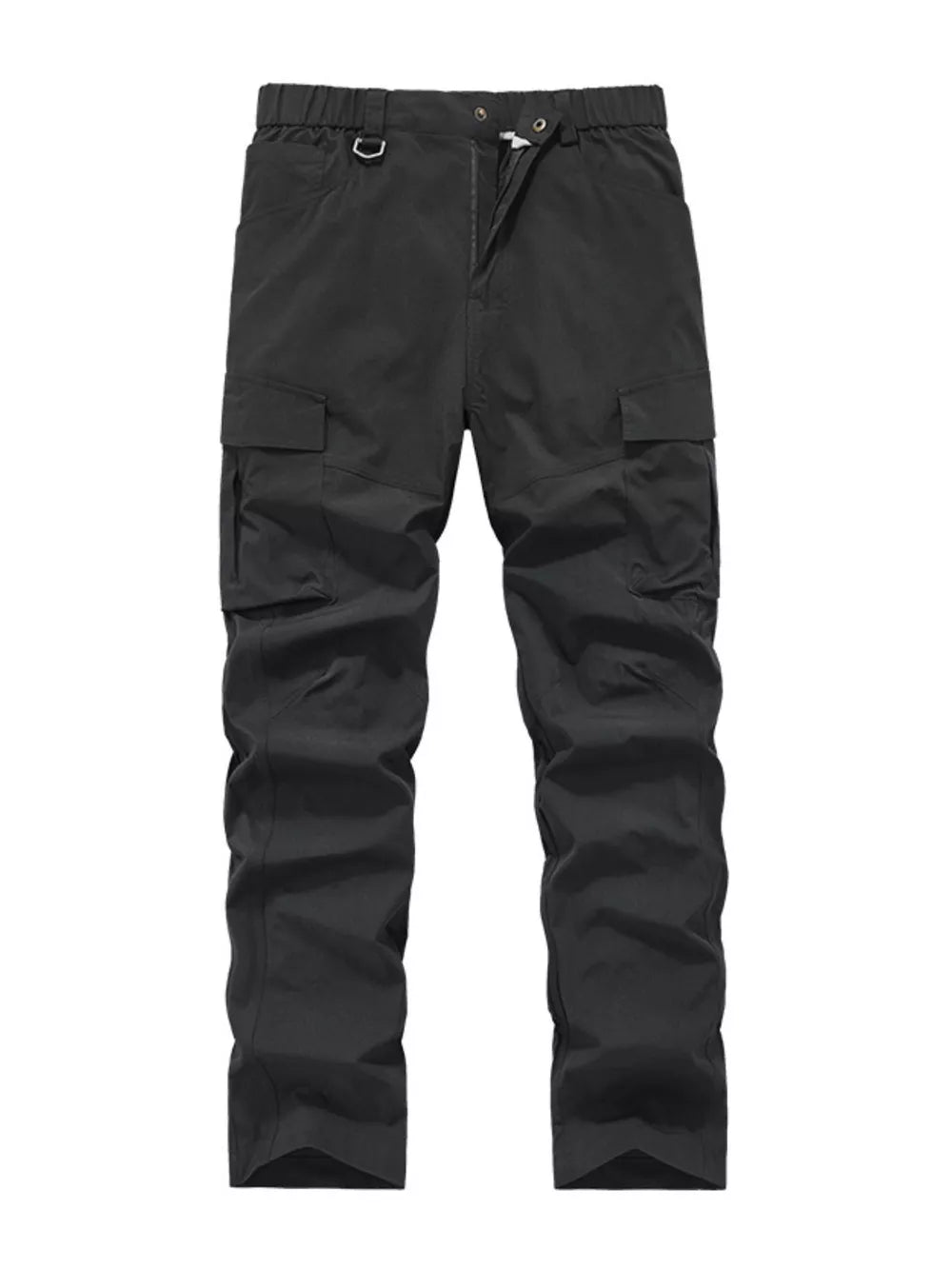 Black cargo pants with elastic waist and drawstring detail.