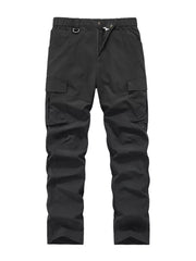 Black cargo pants with elastic waist and drawstring detail.