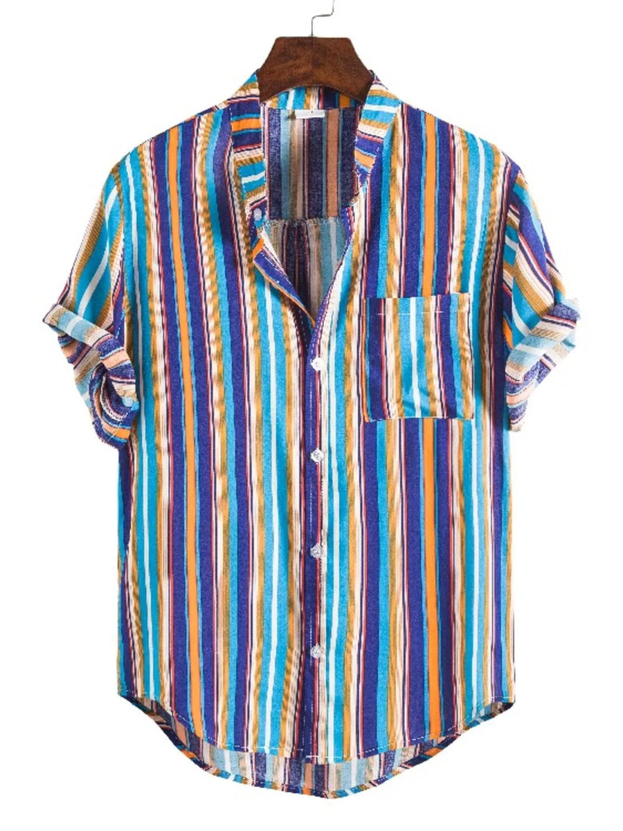 Red Men's Plus Size Striped Button Up Short Sleeve Shirt