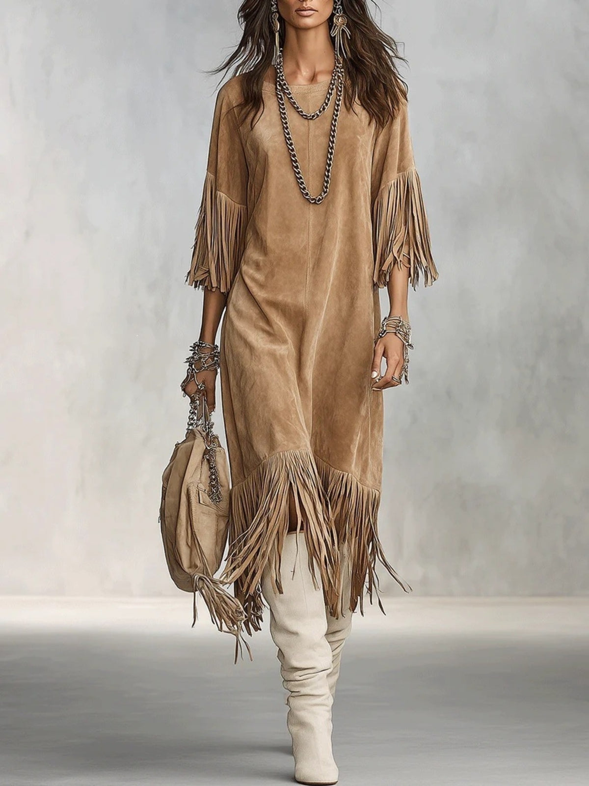 midi dress in camel featuring fringe and relaxed fit